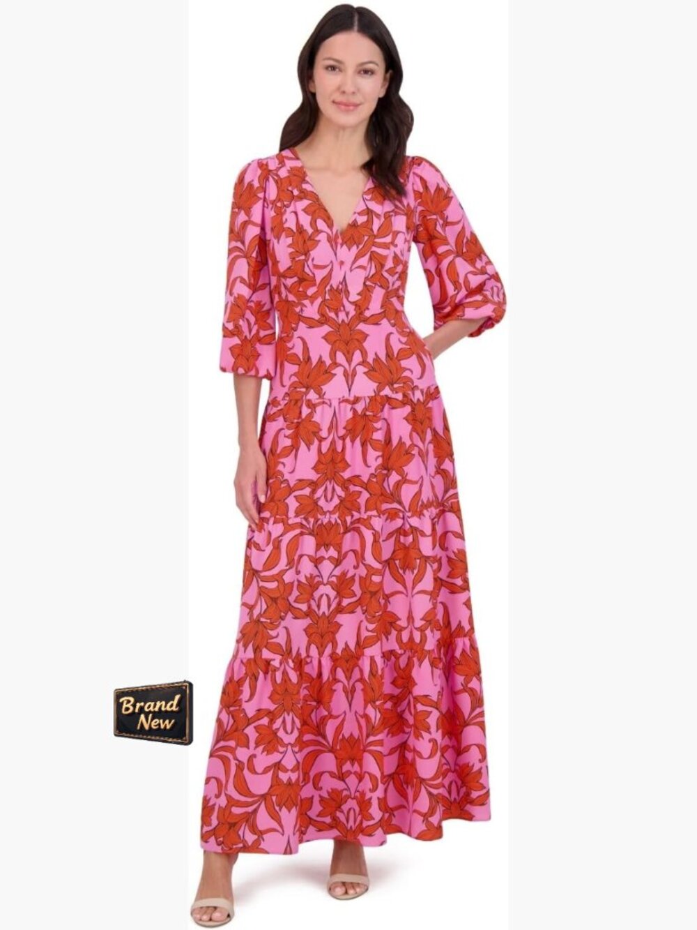 V-Neck 3/4 Sleeve Floral Maxi Dress with Zipper